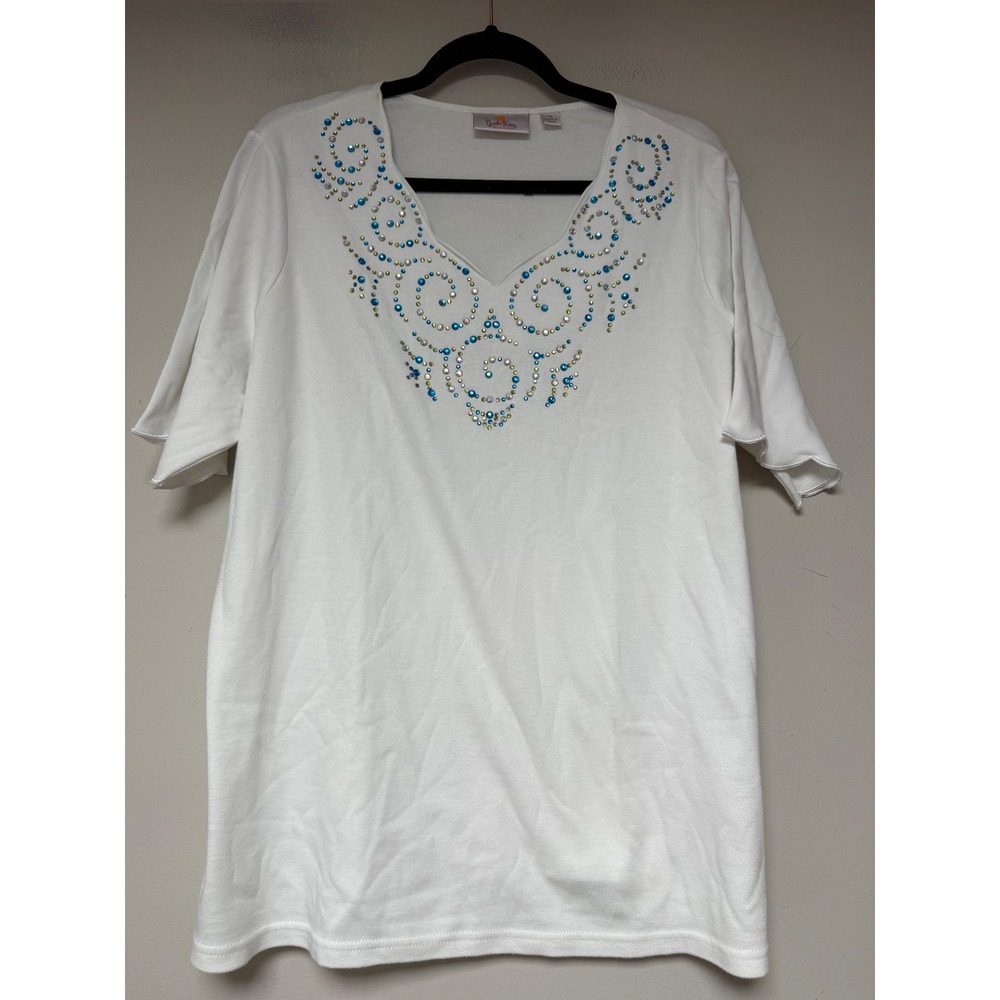 Quacker Factory T-Shirt Womens 1X White Excellent Rhinestone V-Neck Short Sleeve